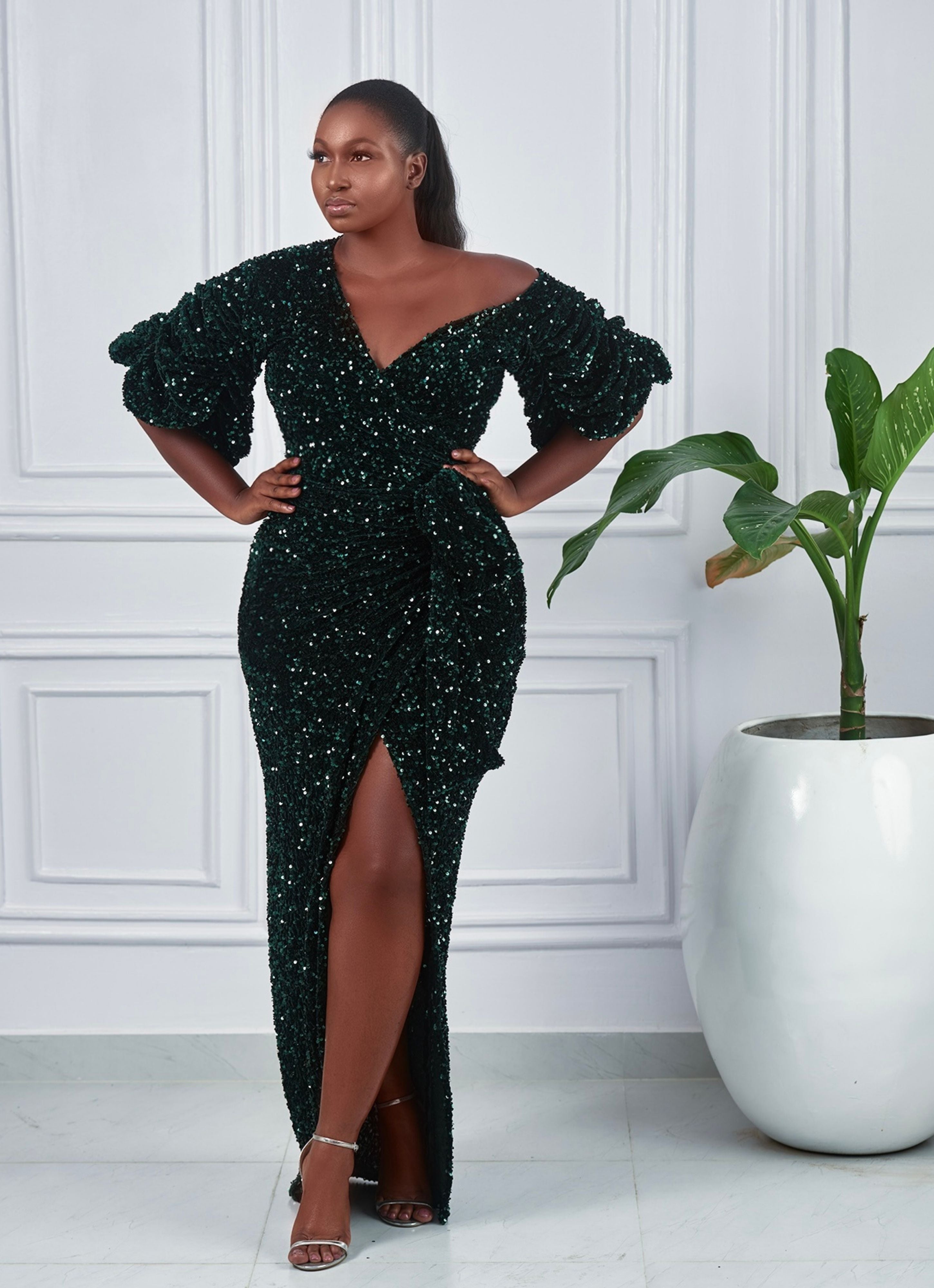 JOJO OFF SHOULDER SLEEVES SEQUINS WRAP DRESS - MAXI