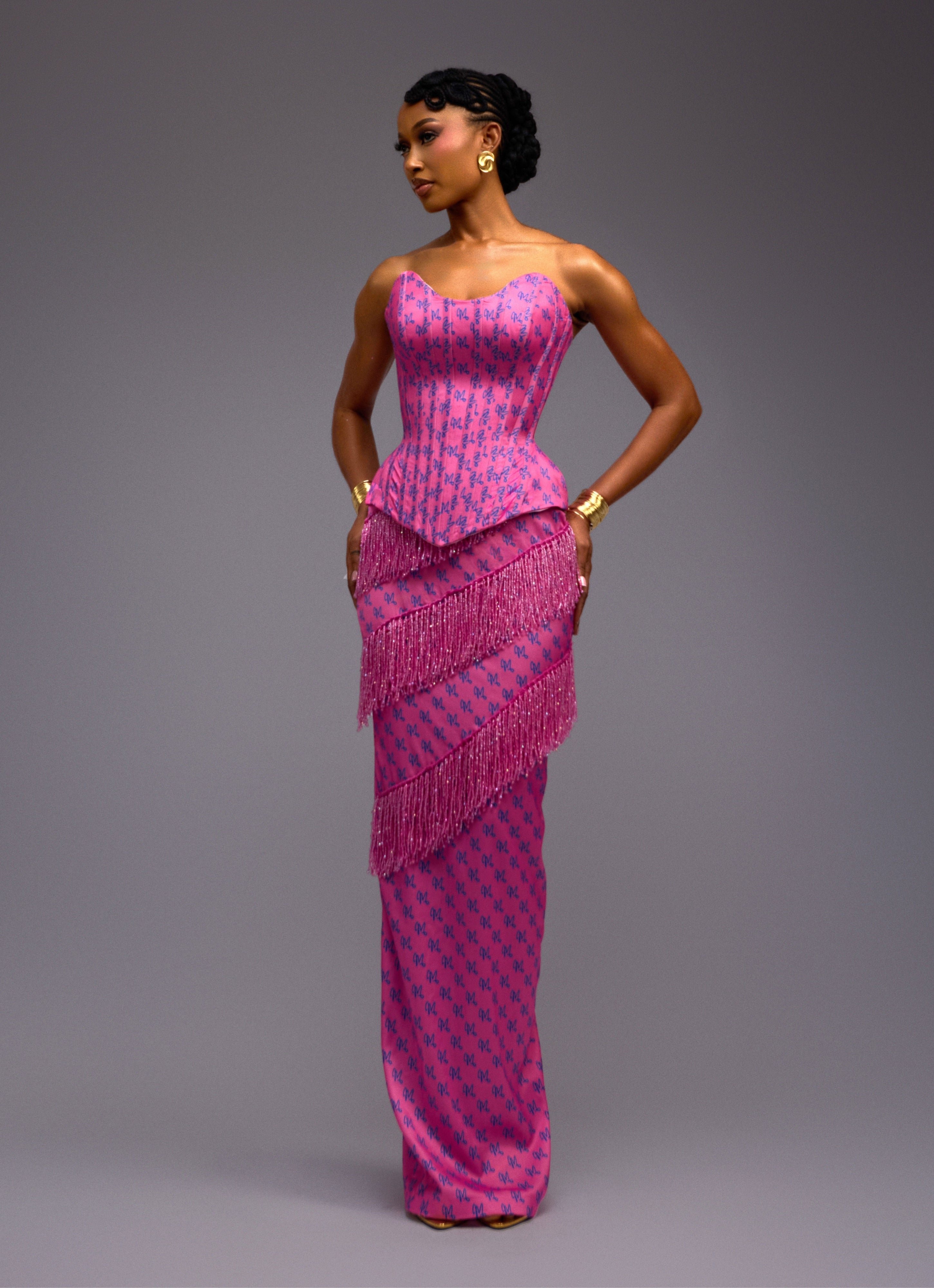 LUXE PRINT CORSET AND MAXI FRINGE SKIRT - PINK