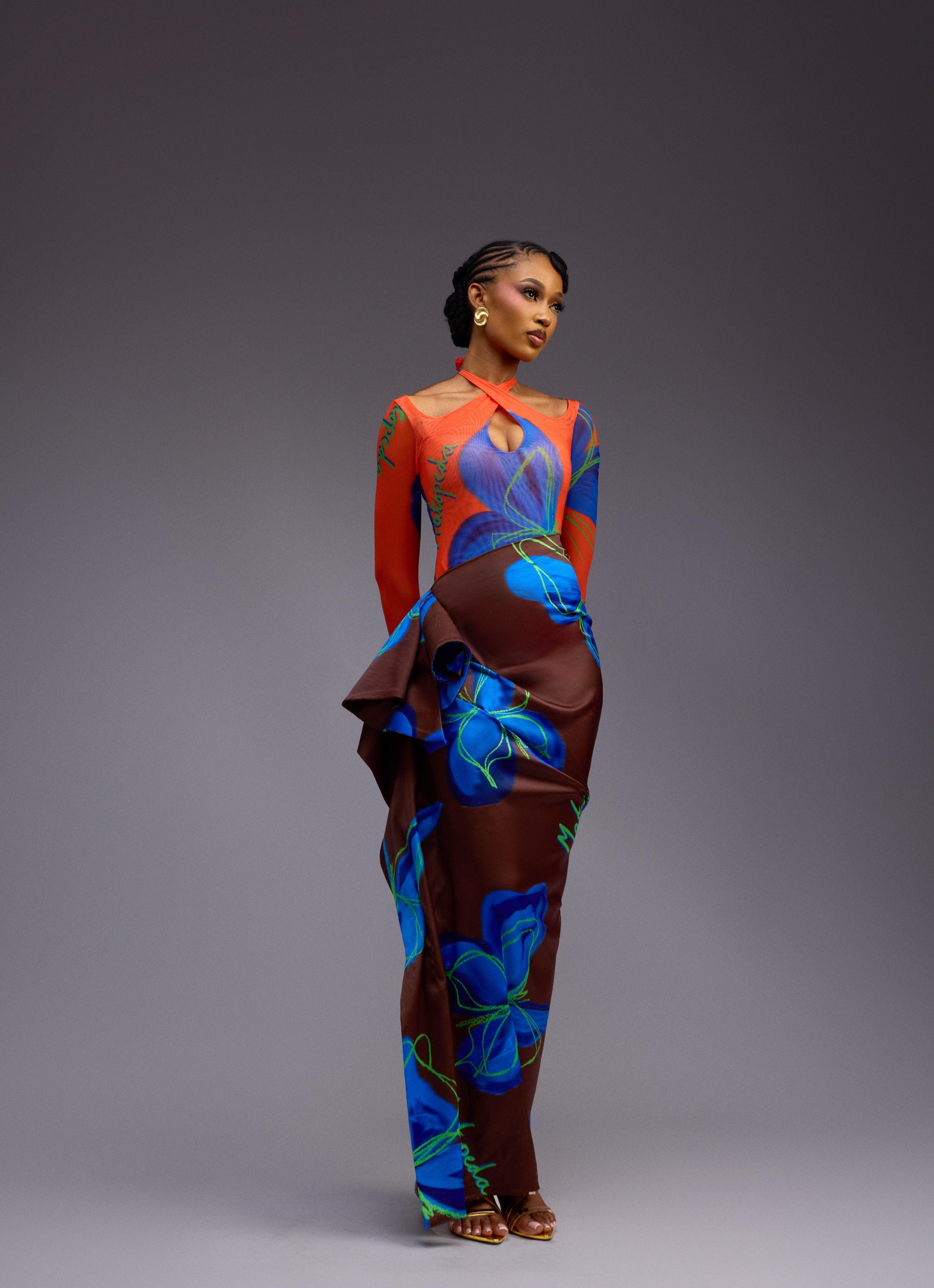 BUTTERFLY PRINT SATIN SKIRT - ORANGE