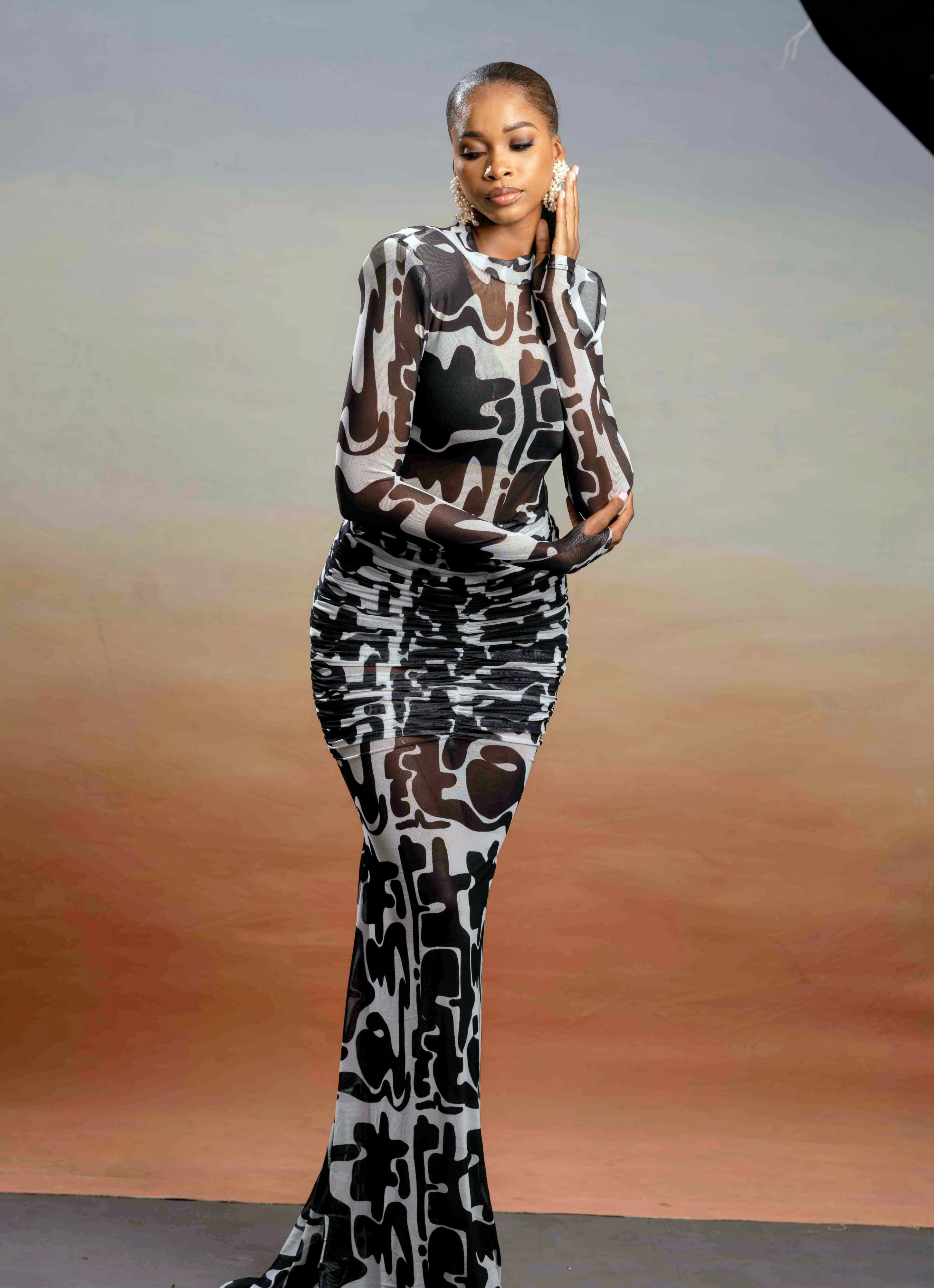 MESH RUCHED SKIRT JIGSAW PRINT