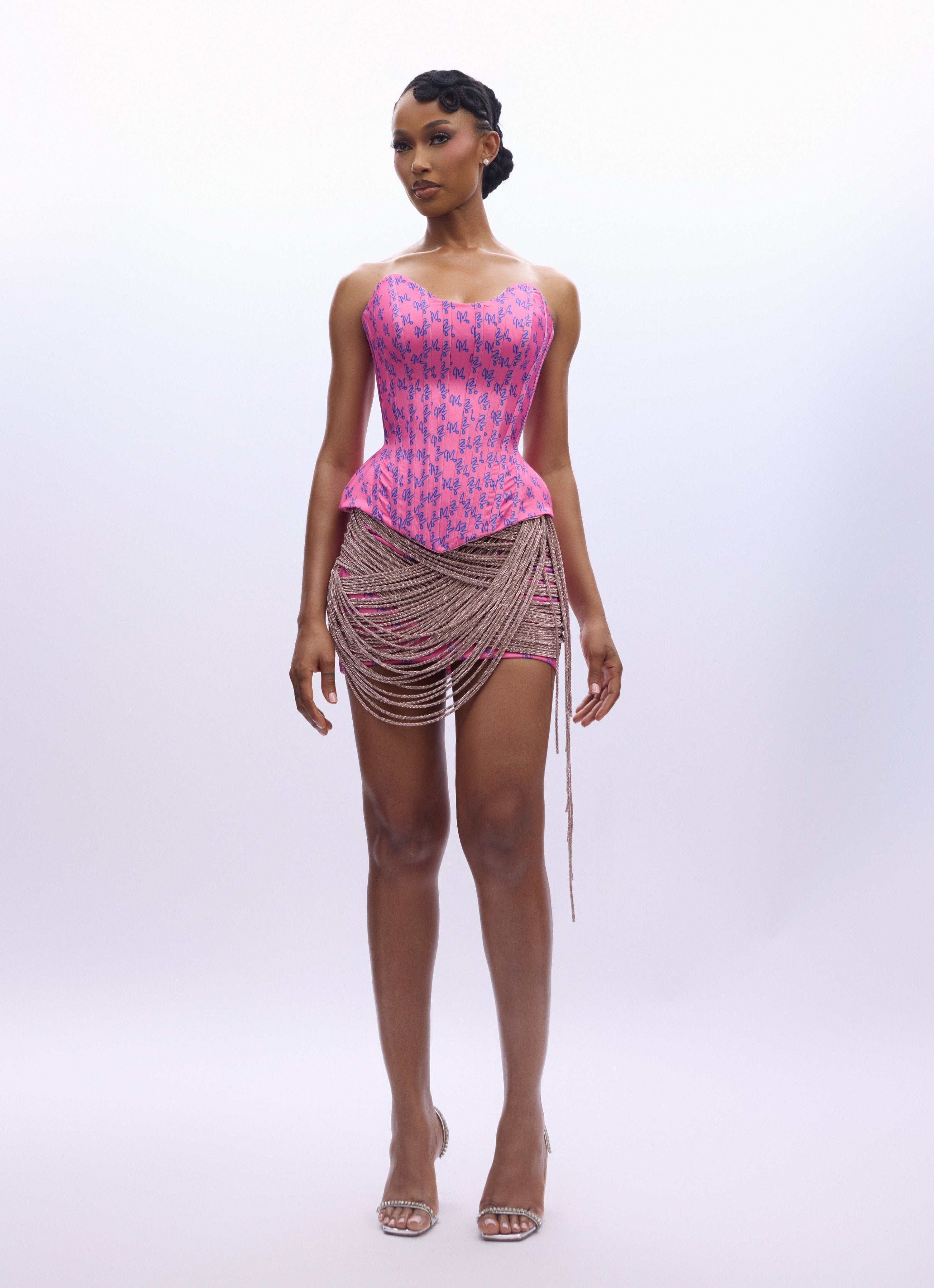 MATOPEDA LUXE PRINT BEADED ROPE SKIRT - PINK