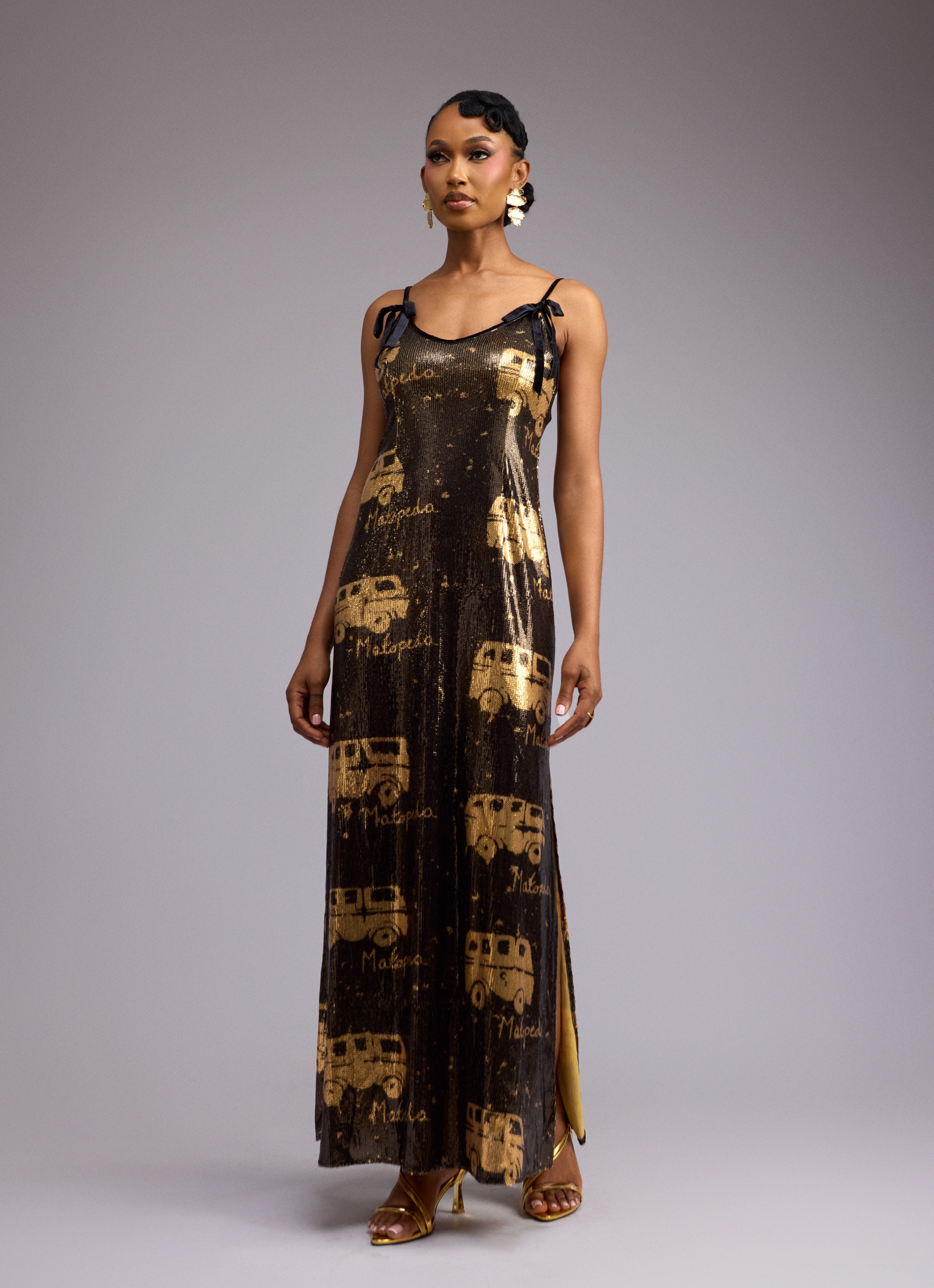 SEQUINS BUS PRINT MAXI - BLACK/GOLD
