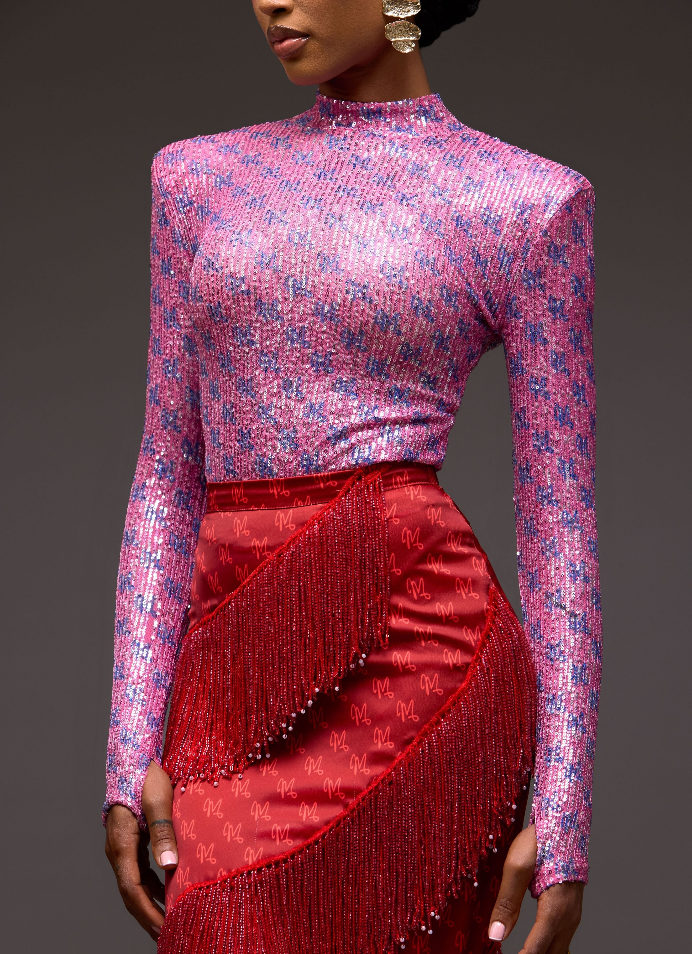 LUXE PRINT SEQUINS SET - RED/PINK