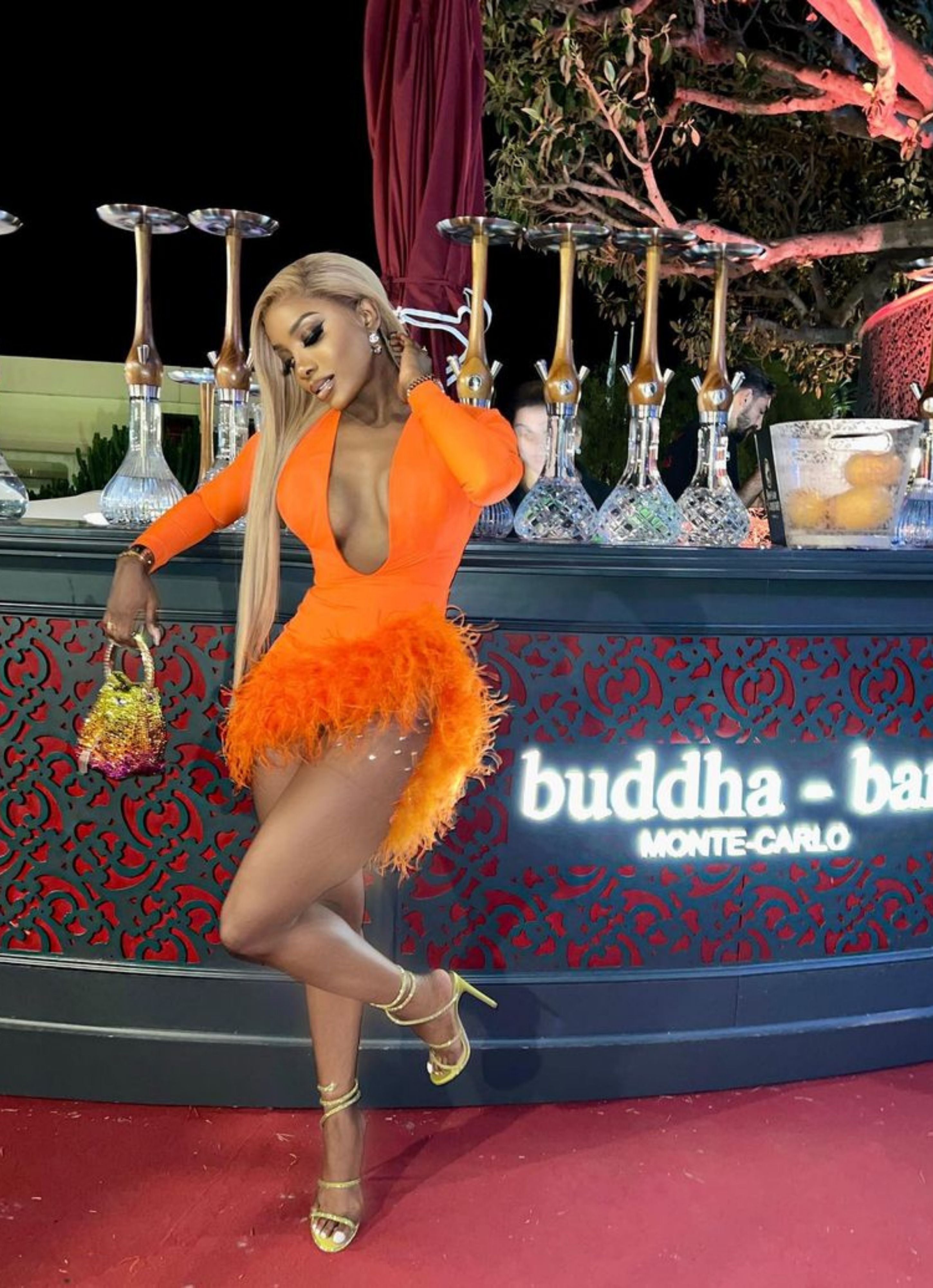 CHI ORANGE MINI FEATHERS DRESS