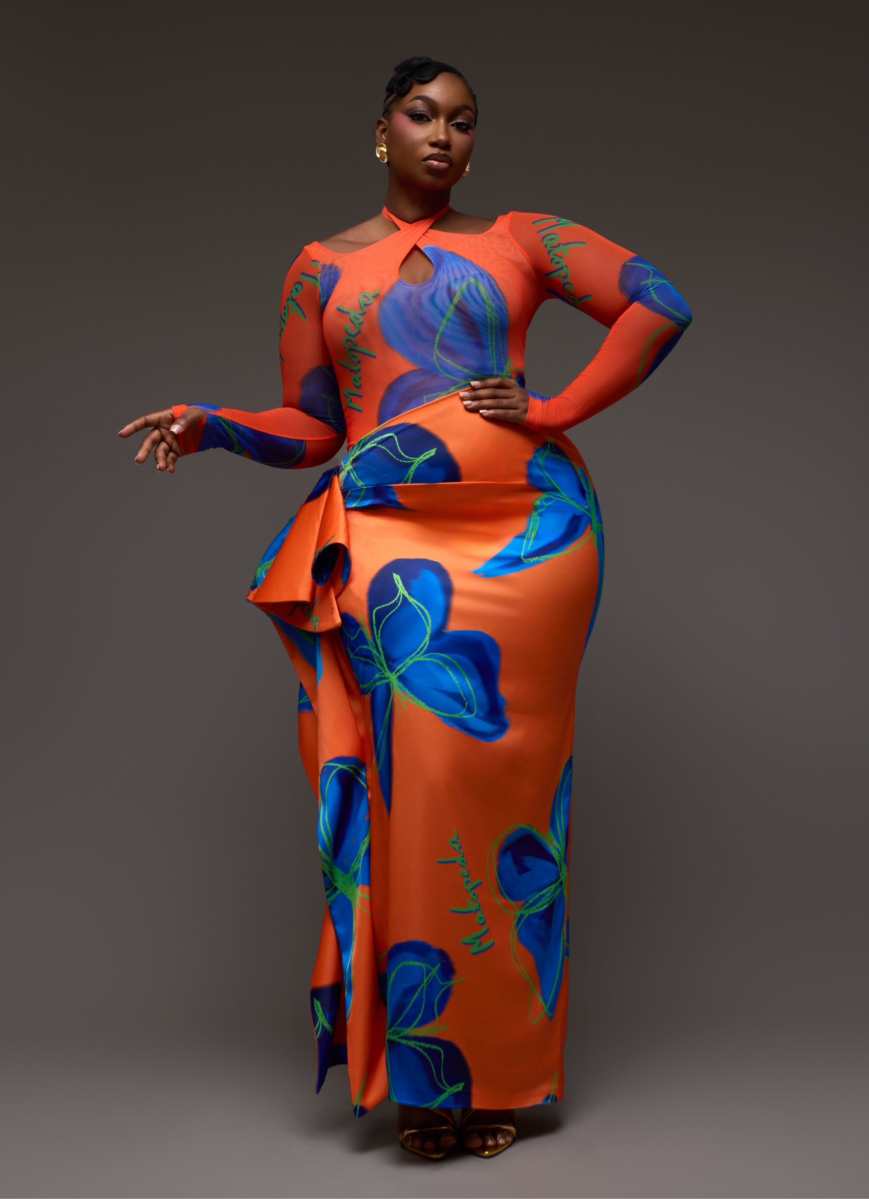 BUTTERFLY PRINT SATIN SKIRT - ORANGE