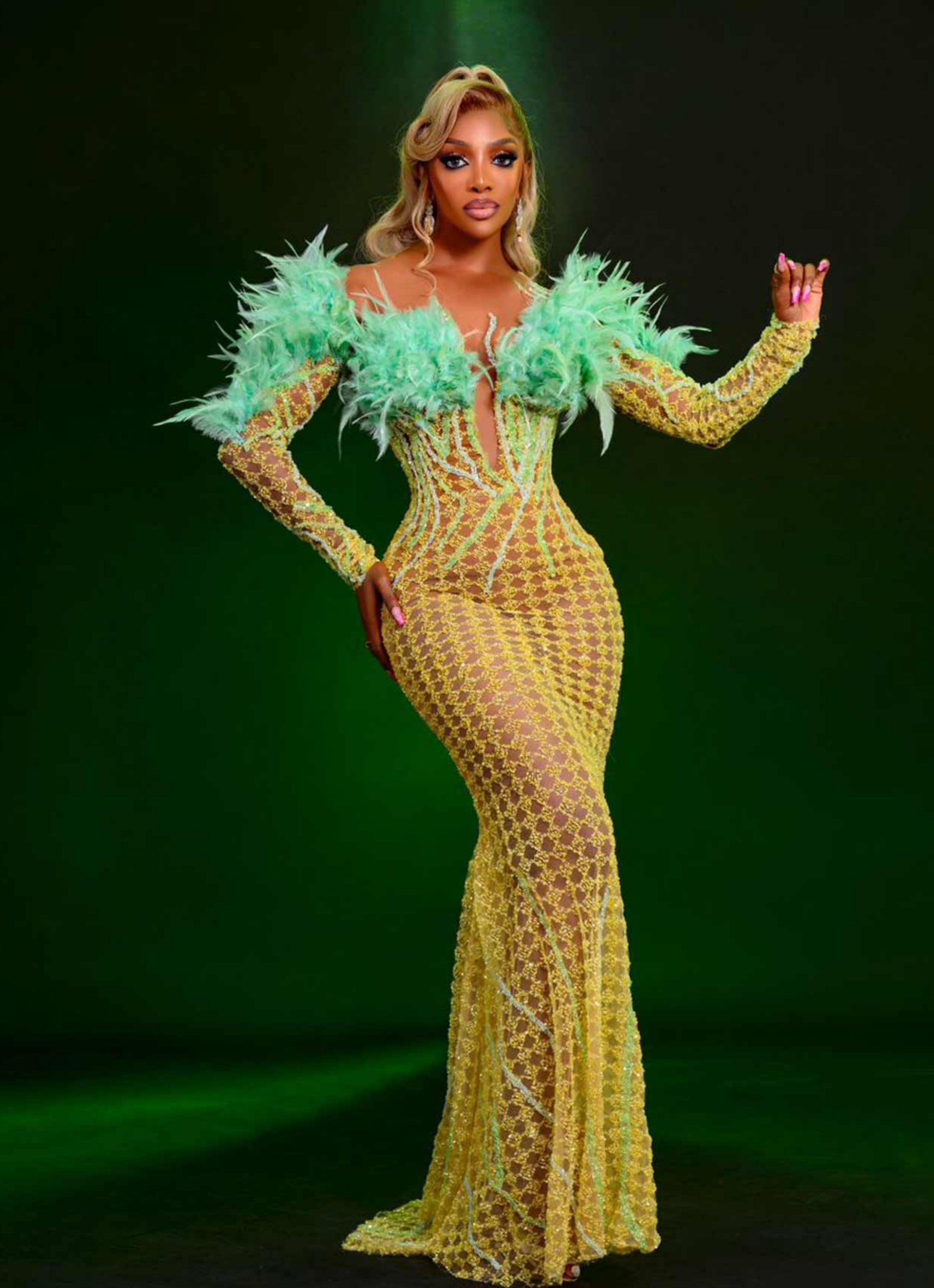 CHIOMA YELLOW DRESS WITH FEATHERS