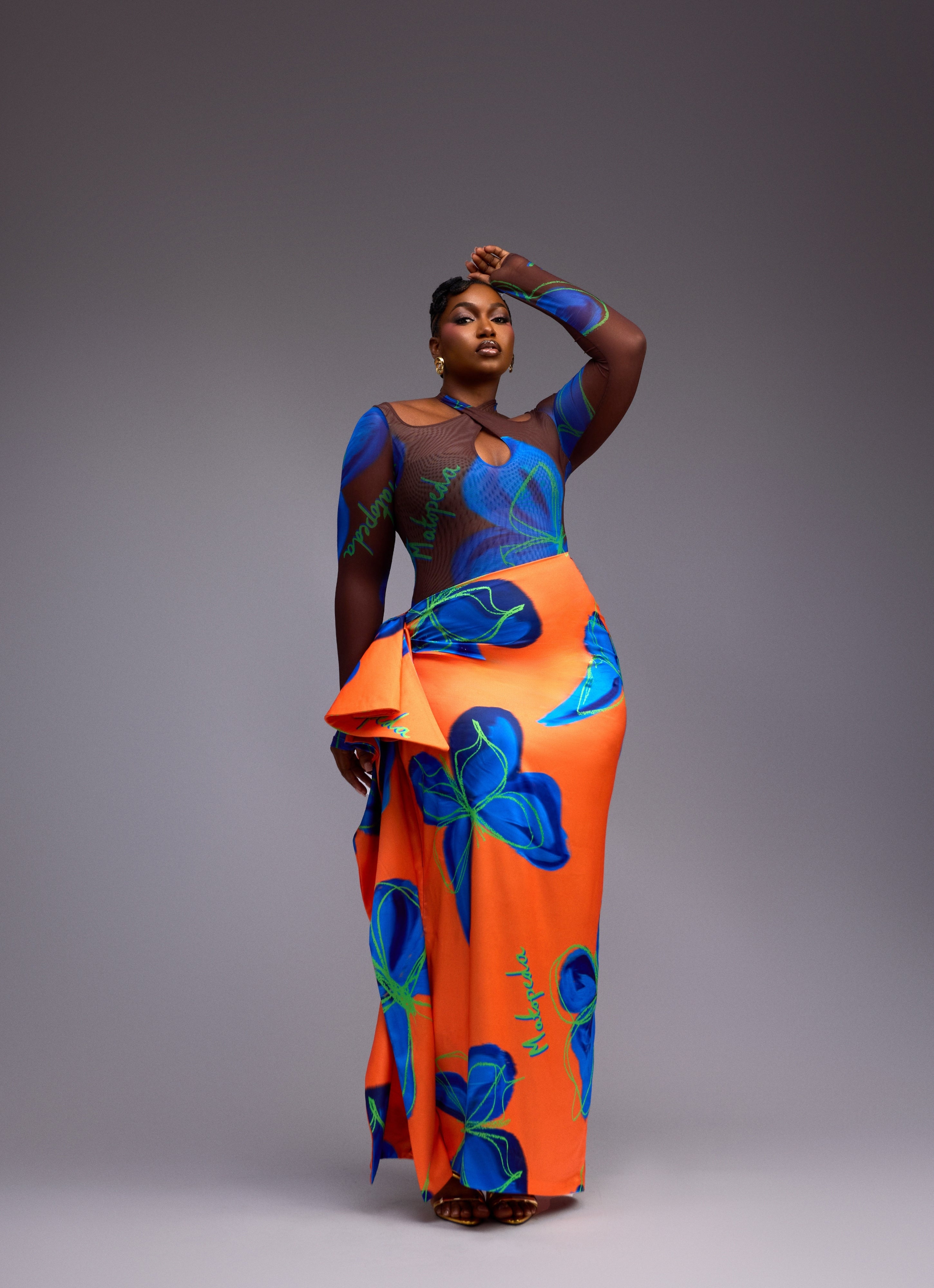 BUTTERFLY PRINT SATIN SKIRT - ORANGE