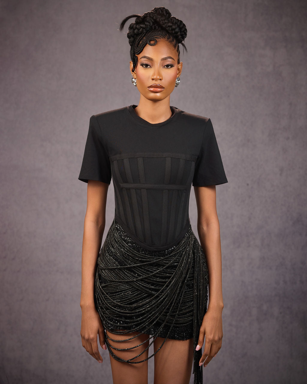 MATOPEDA LUXE PRINT BEADED ROPE SKIRT - SILVER