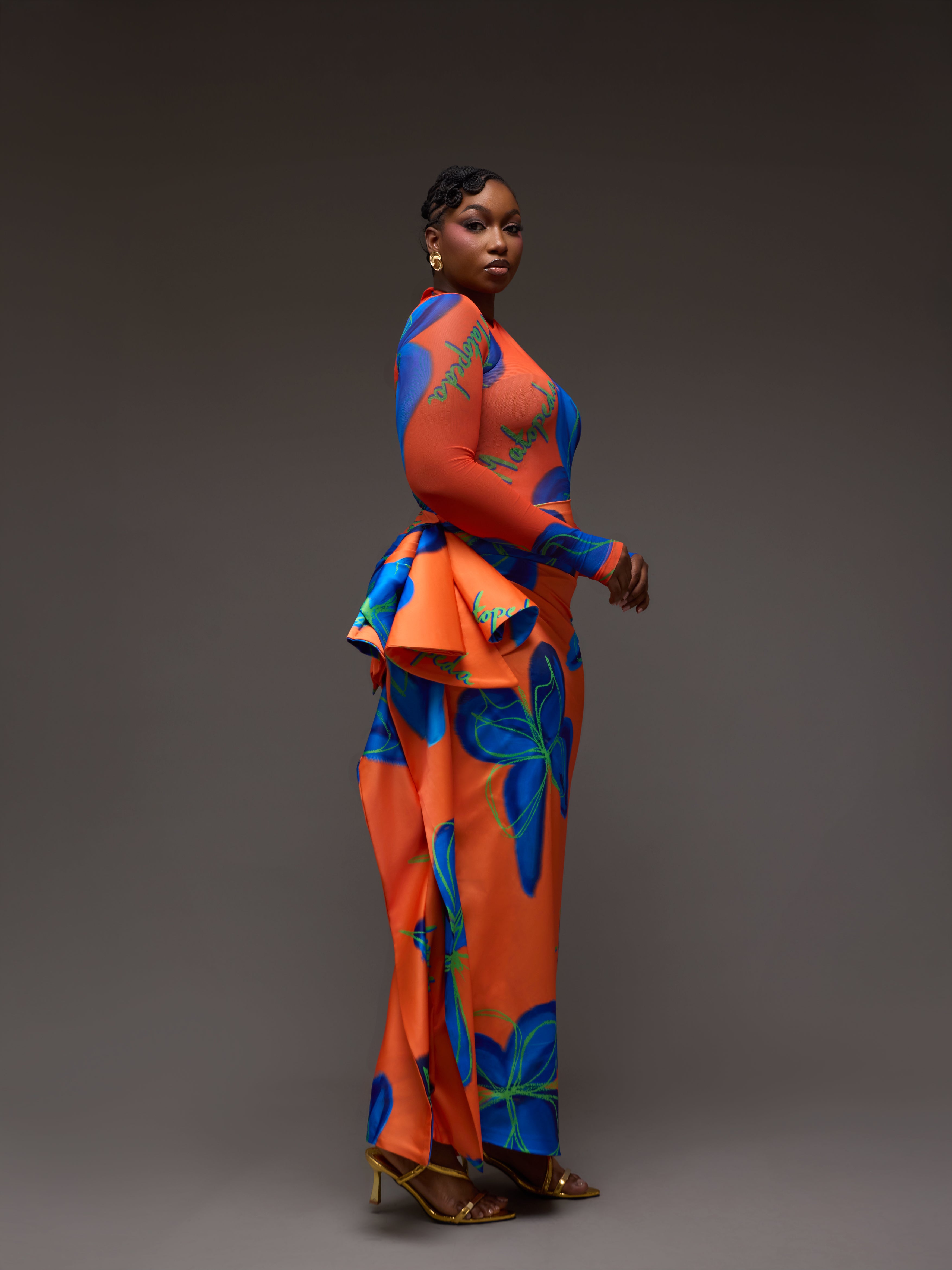 BUTTERFLY PRINT SATIN SKIRT - ORANGE