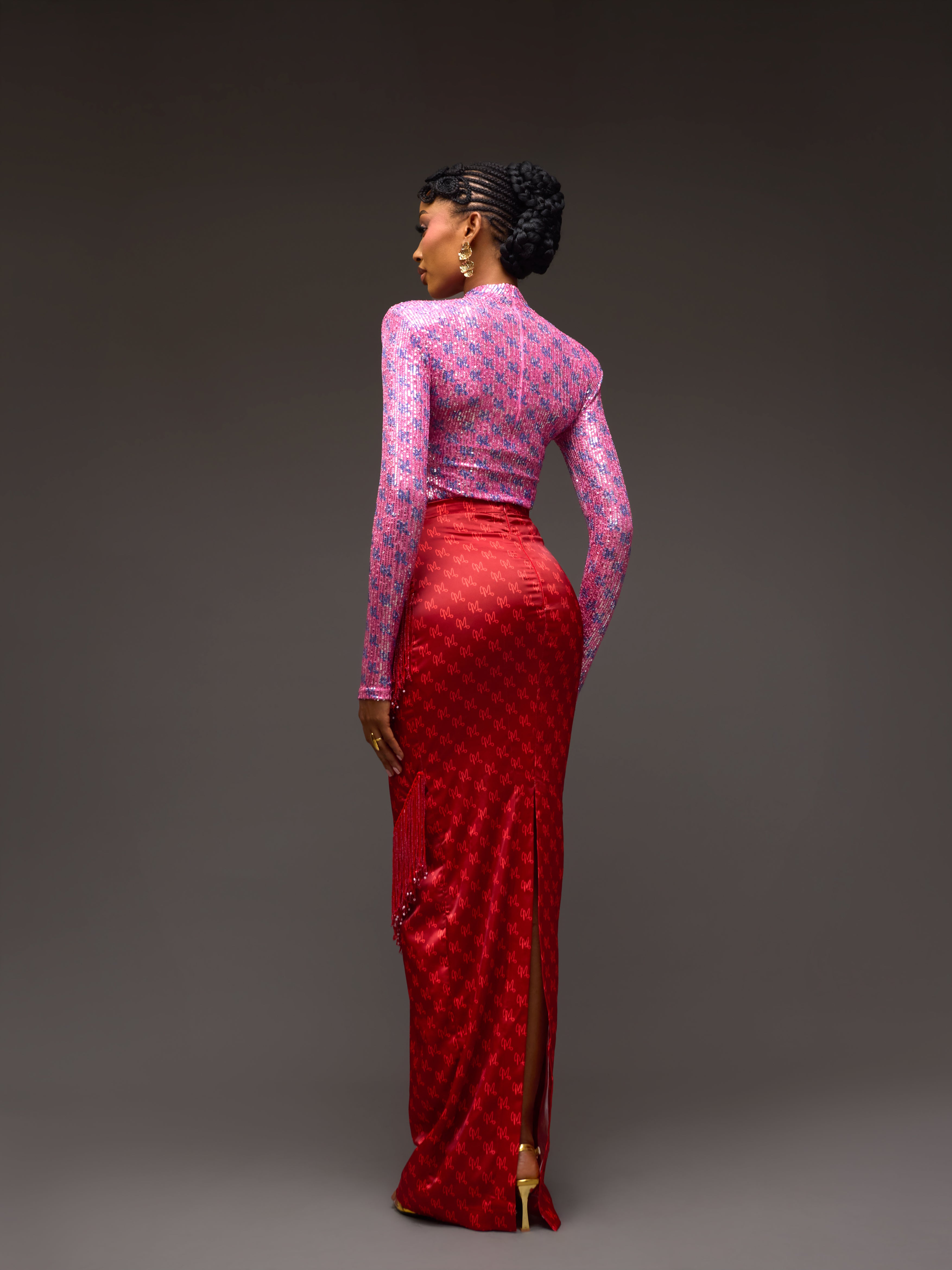 LUXE PRINT MAXI FRINGE SKIRT - RED