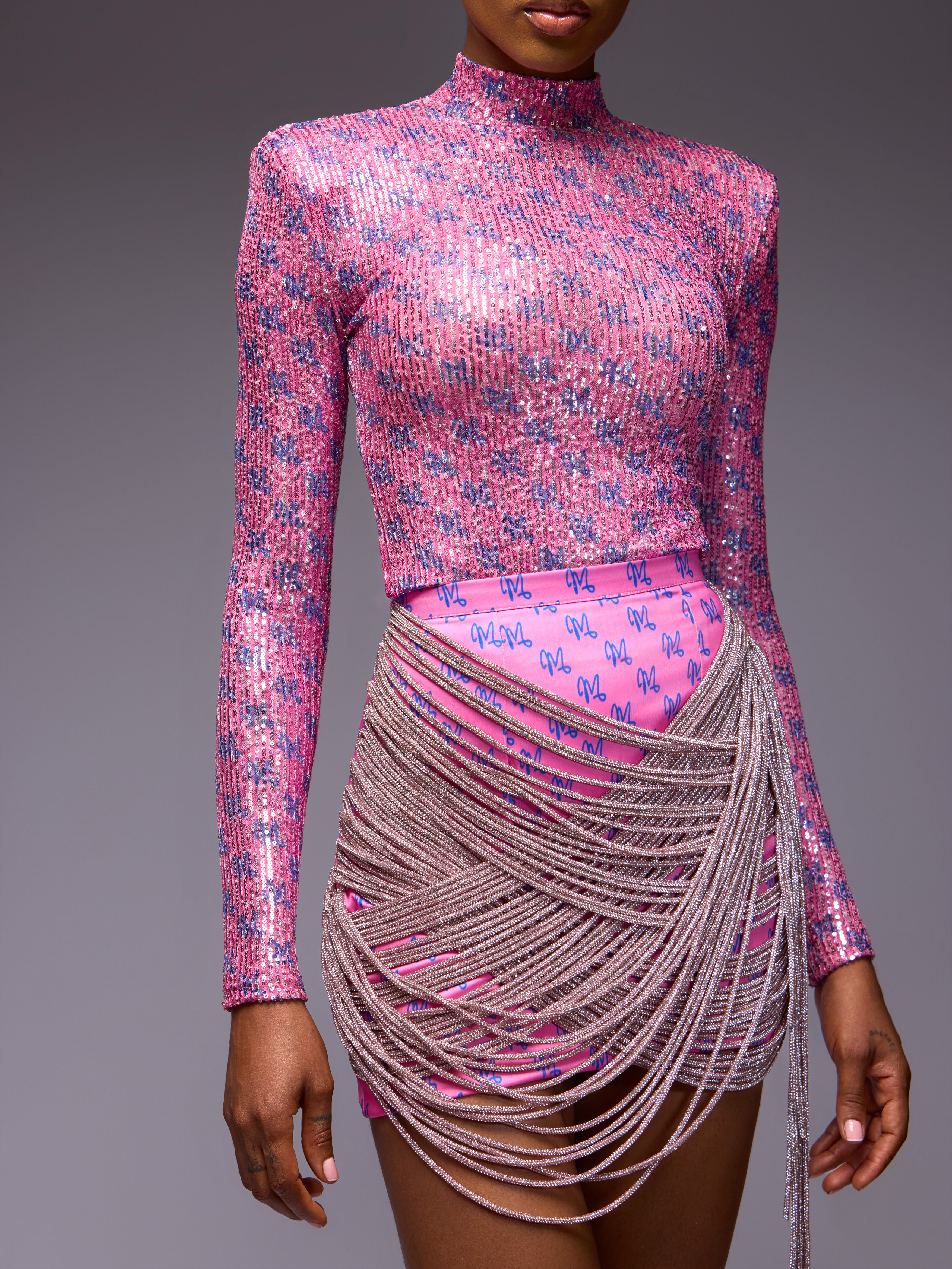 MATOPEDA LUXE PRINT BEADED ROPE SKIRT - PINK