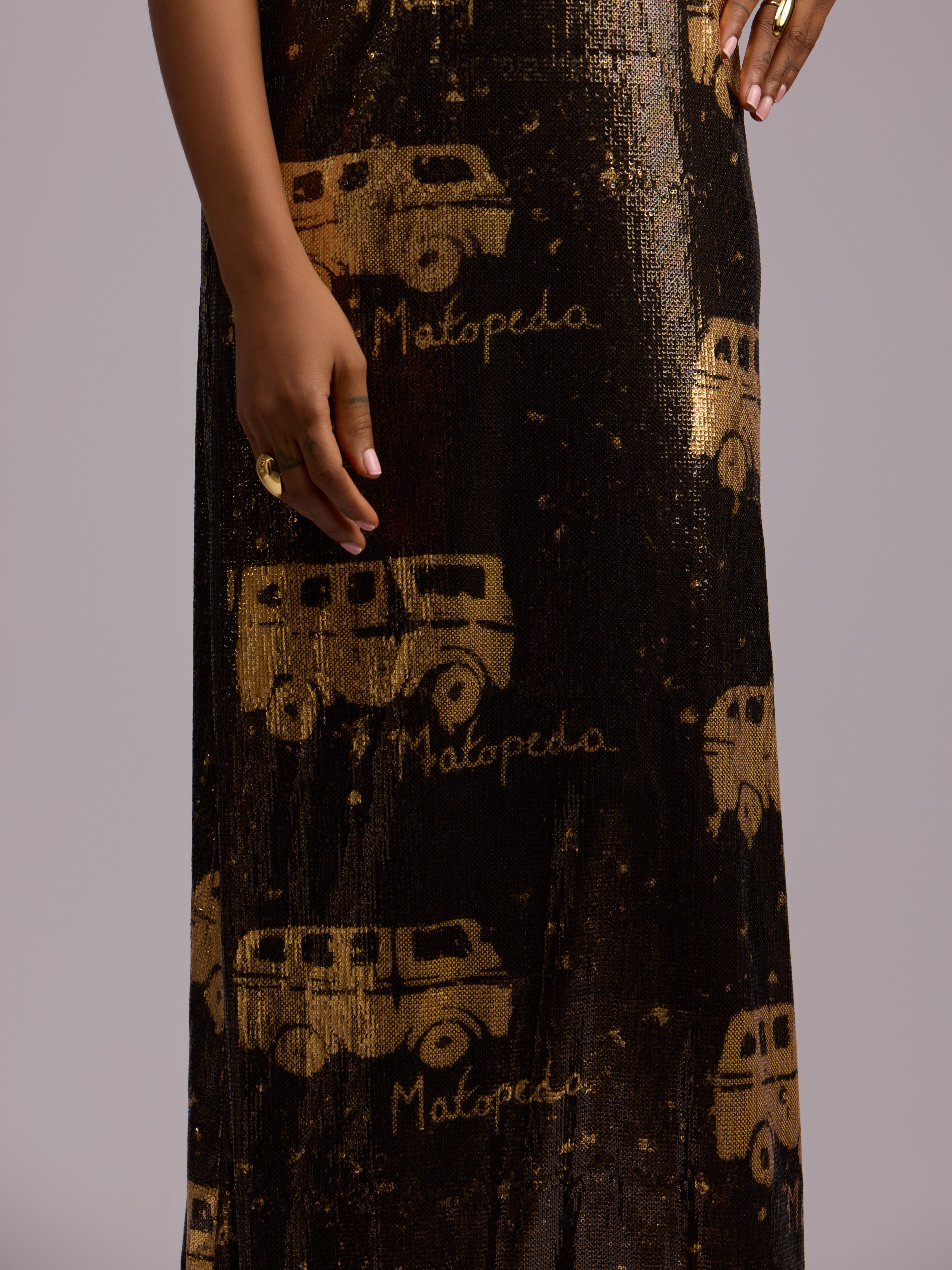 SEQUINS BUS PRINT MAXI - BLACK/GOLD